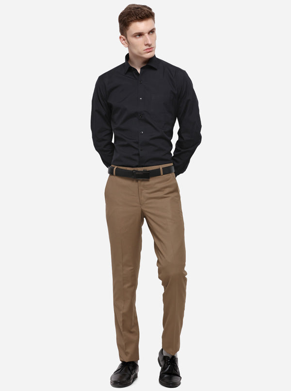 Beige Solid Slim Fit Formal Trouser | Metal