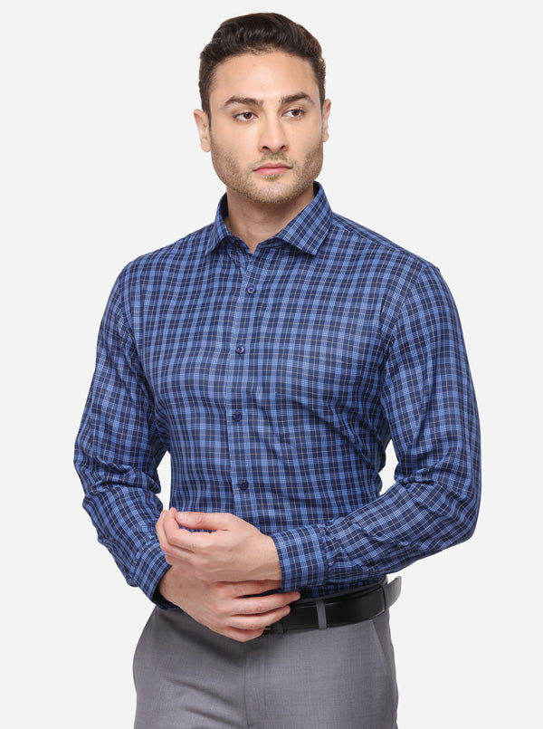 Navy Blue Checked Regular Fit Formal Shirt | Greenfibre