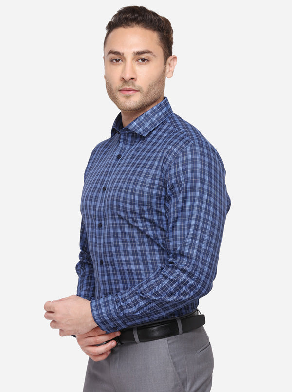 Navy Blue Checked Regular Fit Formal Shirt | Greenfibre