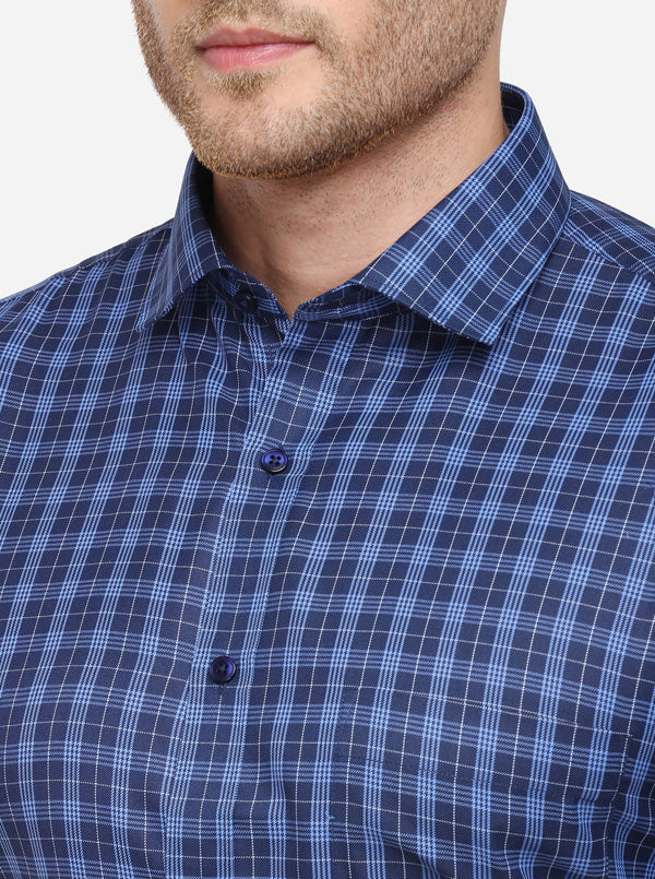 Navy Blue Checked Regular Fit Formal Shirt | Greenfibre