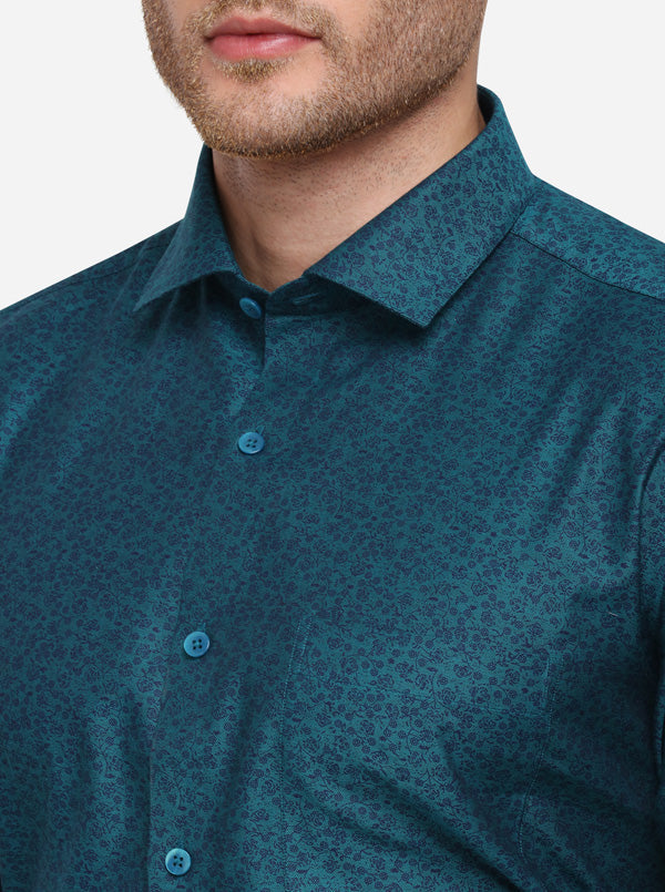 Green Printed Slim Fit Formal Shirt | Metal