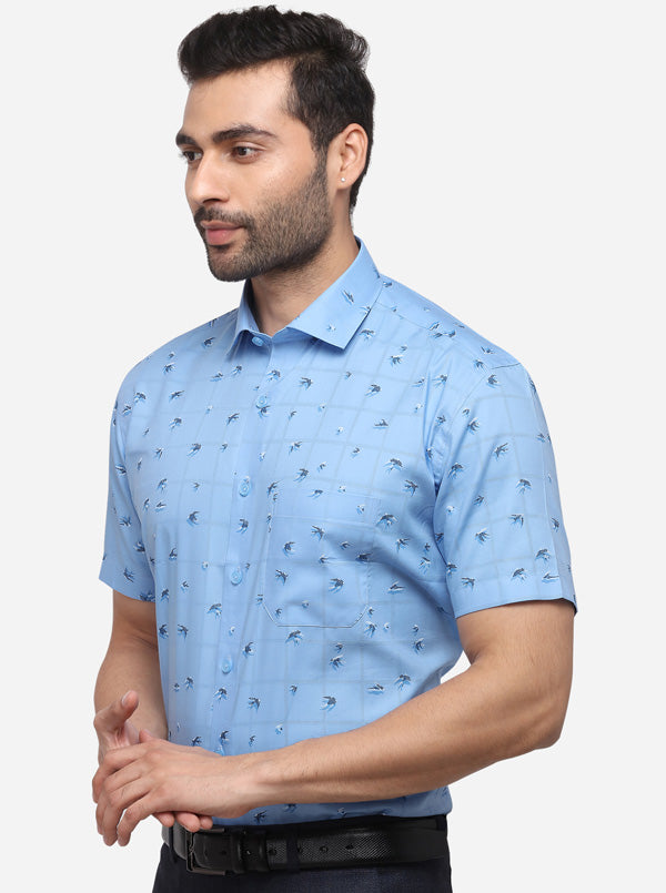 Blue Printed Regular Fit Formal Shirt | JadeBlue