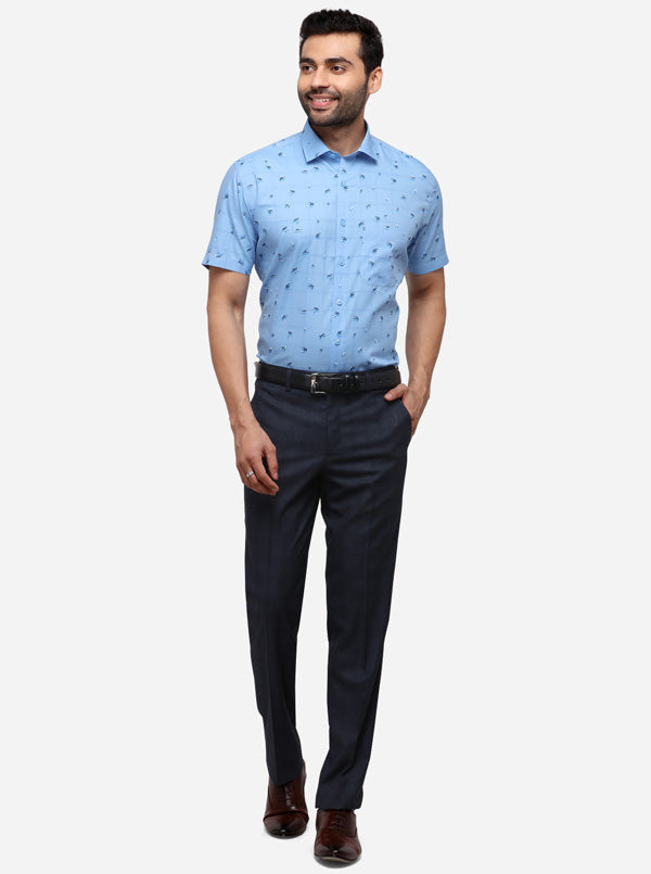 Blue Printed Regular Fit Formal Shirt | JadeBlue