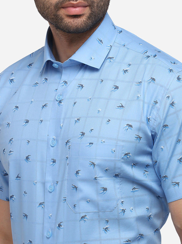 Blue Printed Regular Fit Formal Shirt | JadeBlue