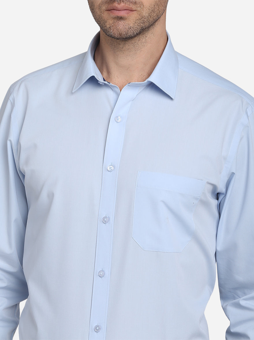 White & Sky Blue Solid Regular Fit Formal Shirt | Greenfibre