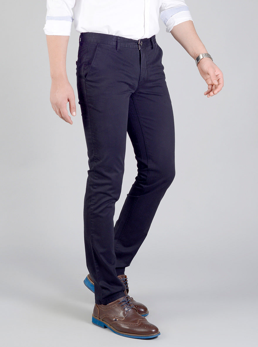 Night Blue Self Textured Slim Fit Casual Trouser | JB Sport