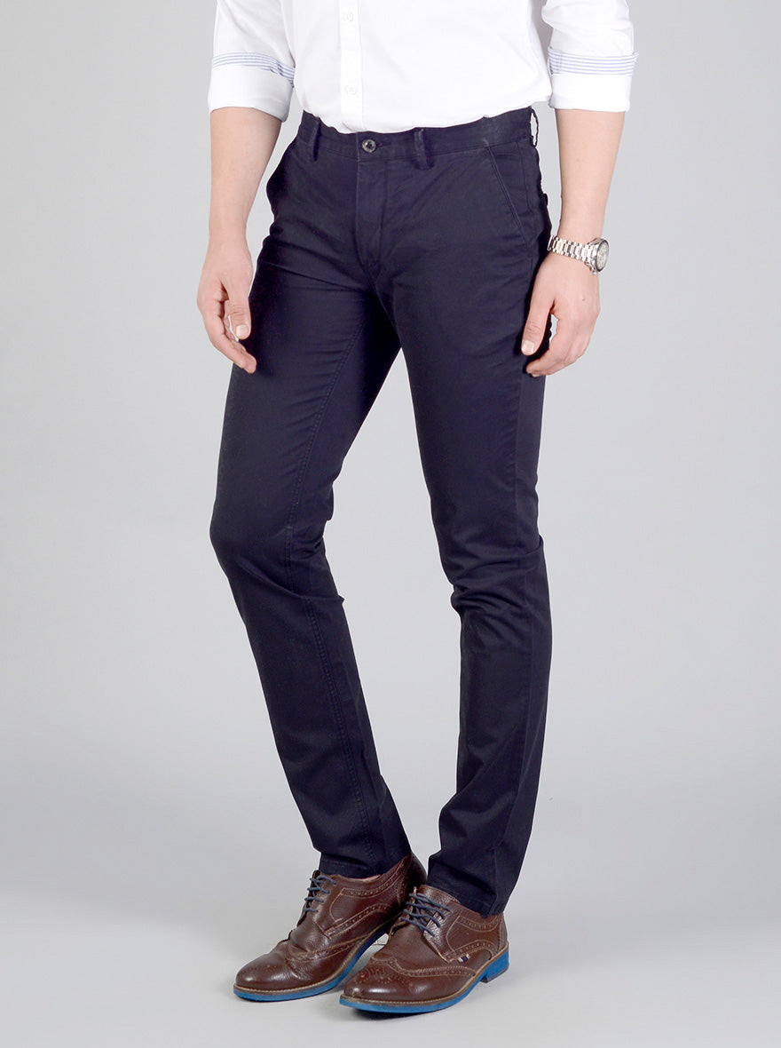 Night Blue Self Textured Slim Fit Casual Trouser | JB Sport