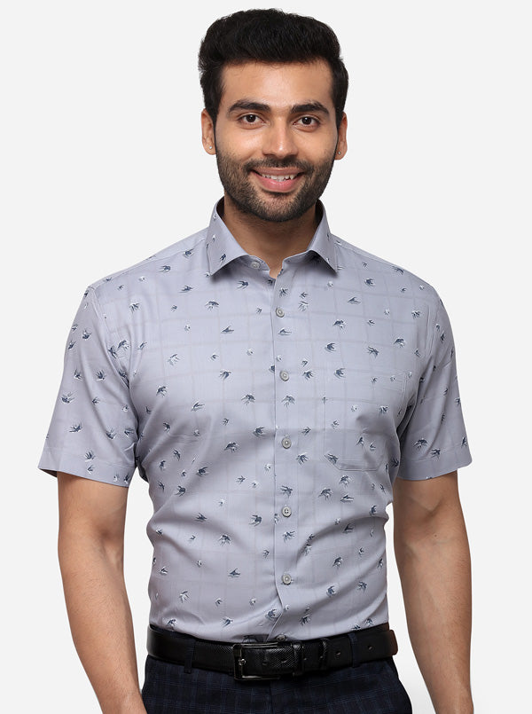 Silver & Grey Printed Regular Fit Formal Shirt | JadeBlue