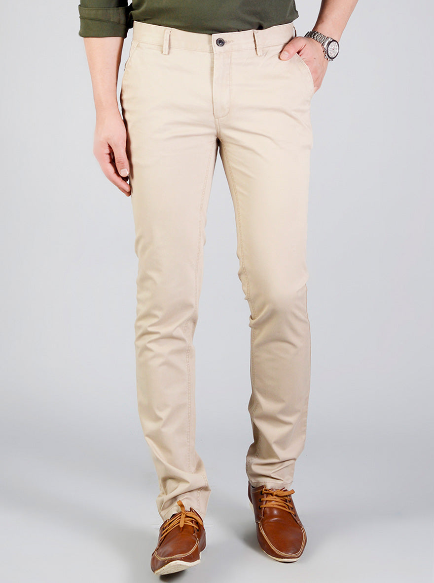 Sand Brown Self Textured Slim Fit Casual Trouser | JB Sport