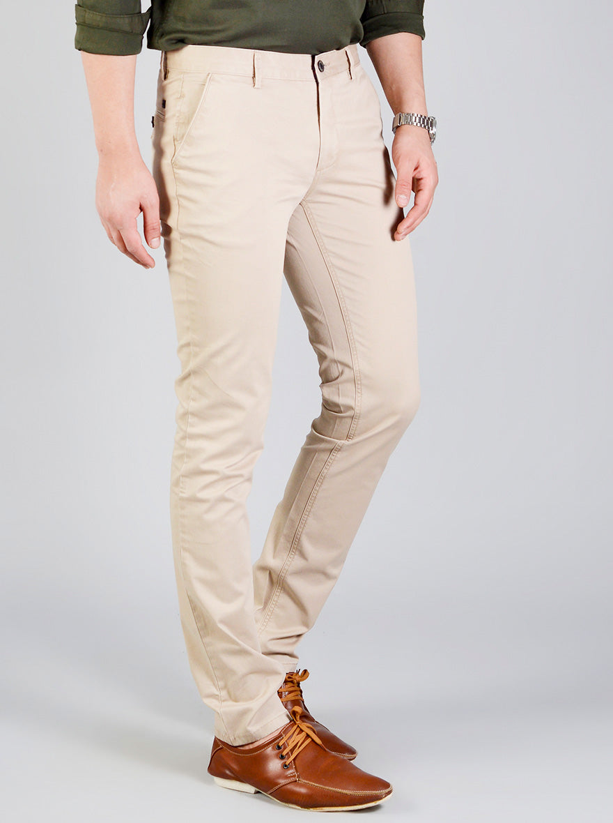 Sand Brown Self Textured Slim Fit Casual Trouser | JB Sport