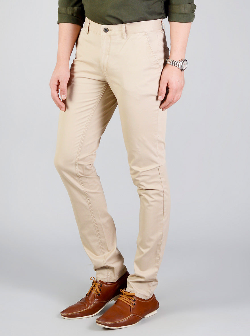 Sand Brown Self Textured Slim Fit Casual Trouser | JB Sport