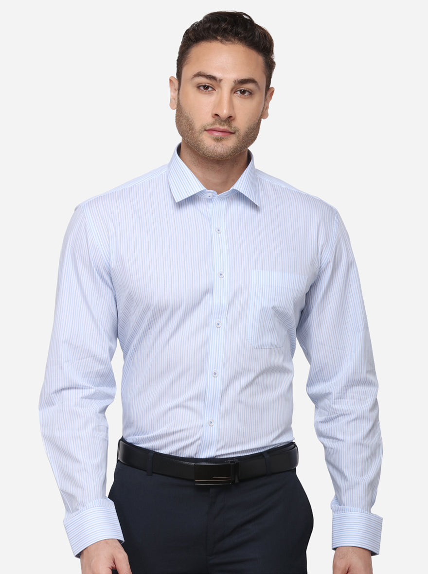 Sky Blue Striped Regular Fit Formal Shirt | JadeBlue