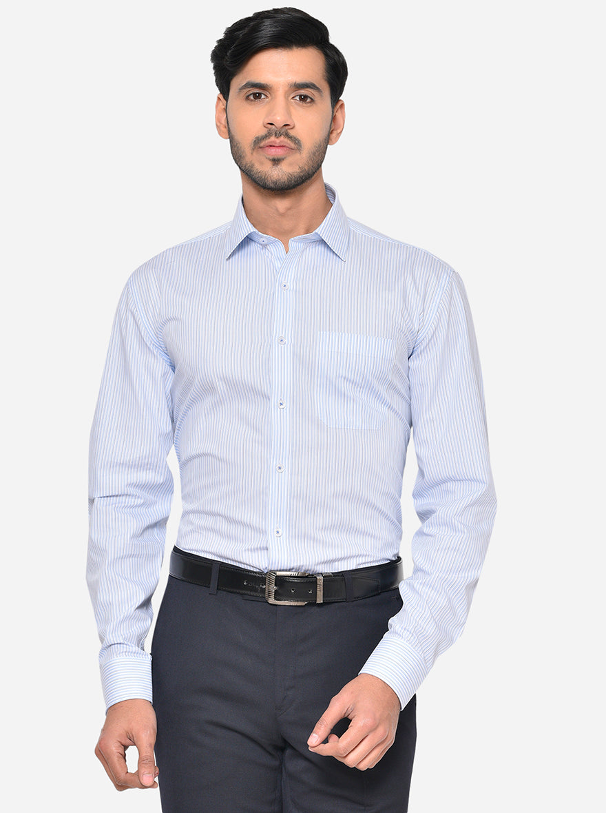 Sky Blue Striped Regular Fit Formal Shirt | JadeBlue