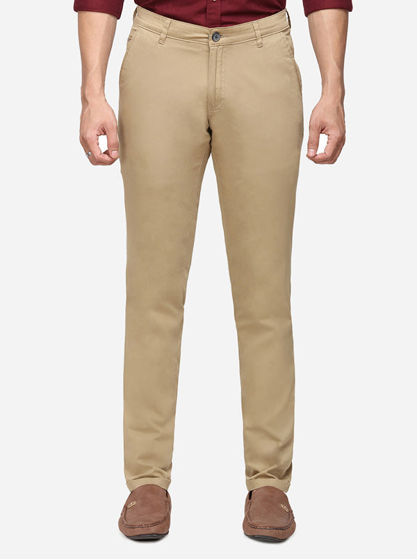 Khaki Solid Super Slim Fit Casual Trouser | Greenfibre