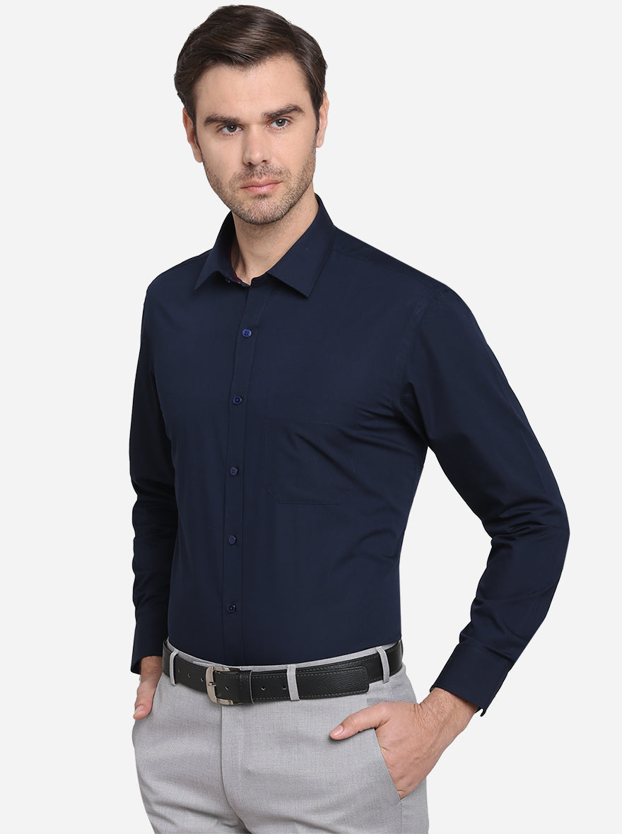 Navy Blue Solid Regular Fit Formal Shirt | Greenfibre