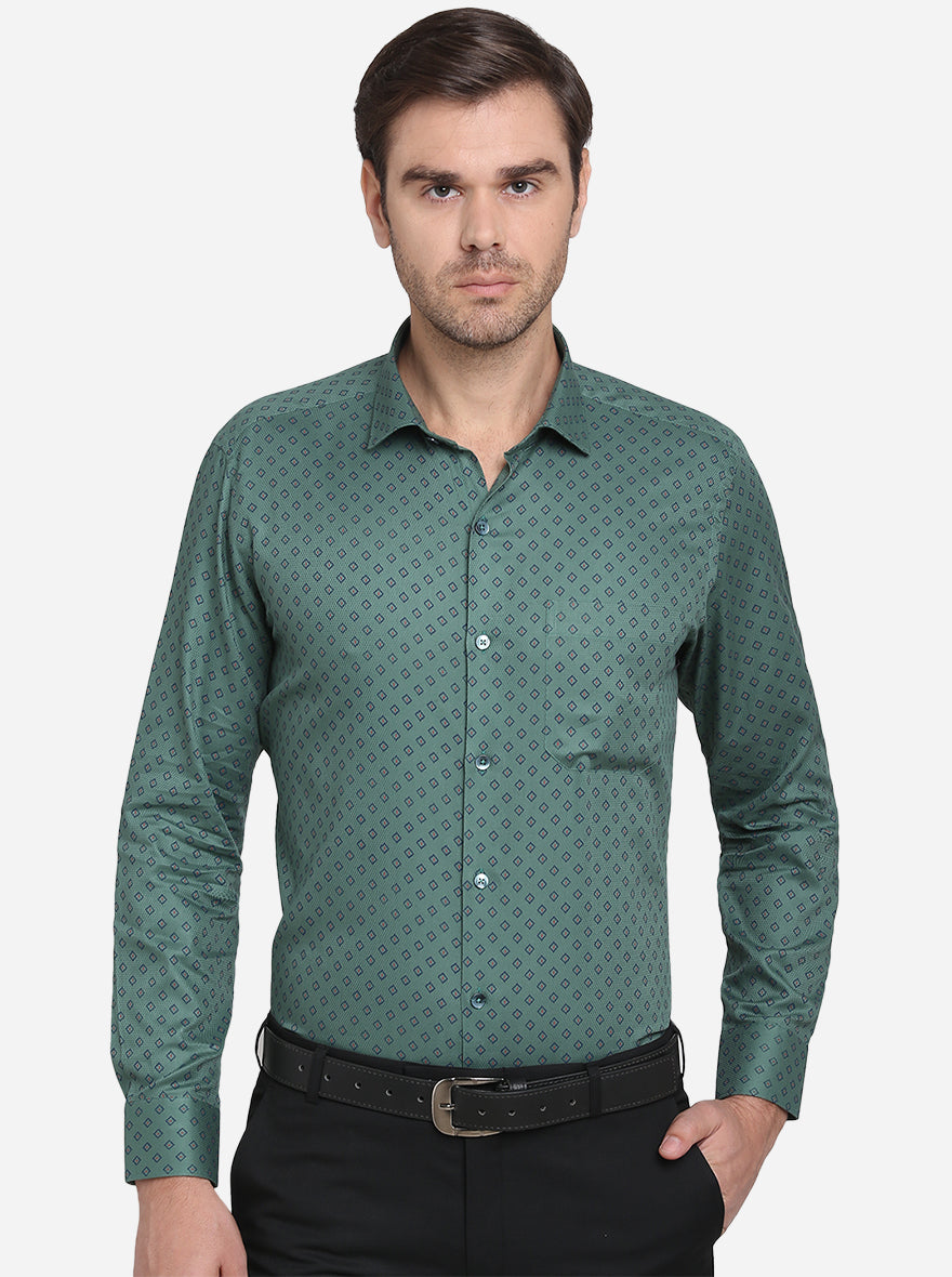 Dark Green Printed Slim Fit Formal Shirt  | Metal