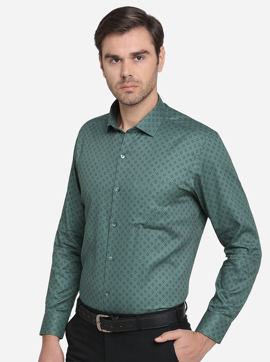 Dark Green Printed Slim Fit Formal Shirt  | Metal