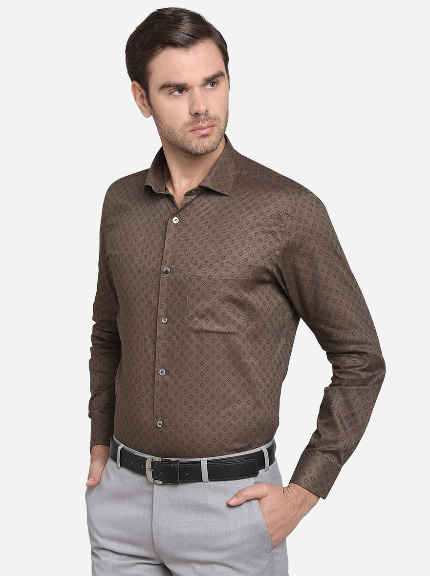 Brown Printed Slim Fit Formal Shirt  | Metal