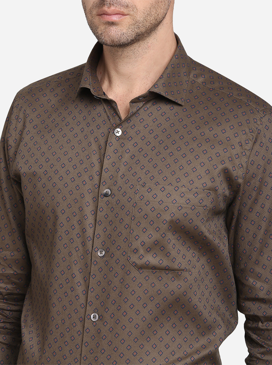 Brown Printed Slim Fit Formal Shirt  | Metal