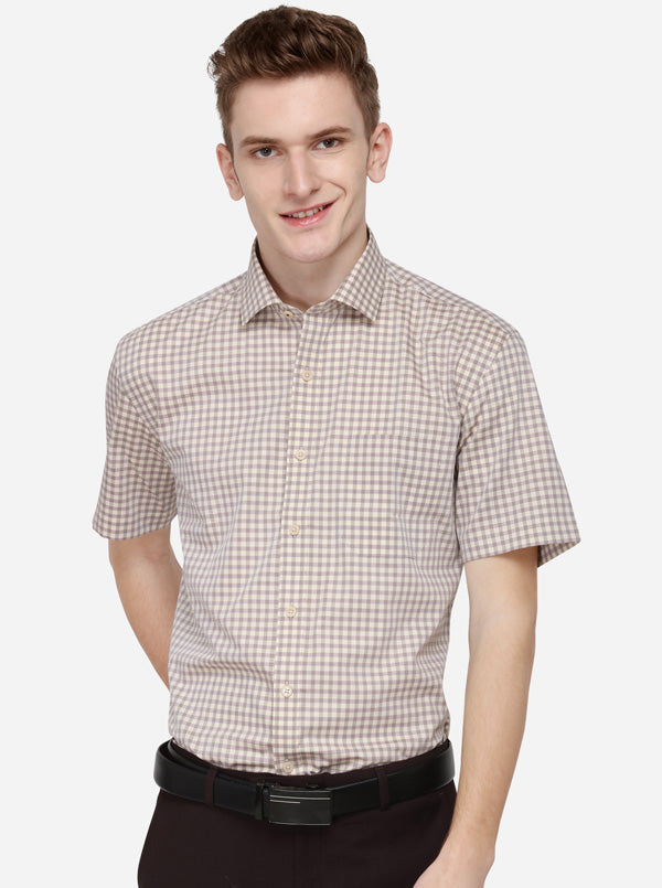 Cream Checked Regular Fit Formal Shirt | JadeBlue