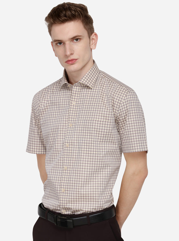 Cream Checked Regular Fit Formal Shirt | JadeBlue