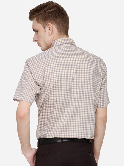 Cream Checked Regular Fit Formal Shirt | JadeBlue