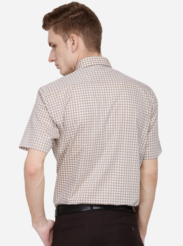 Cream Checked Regular Fit Formal Shirt | JadeBlue