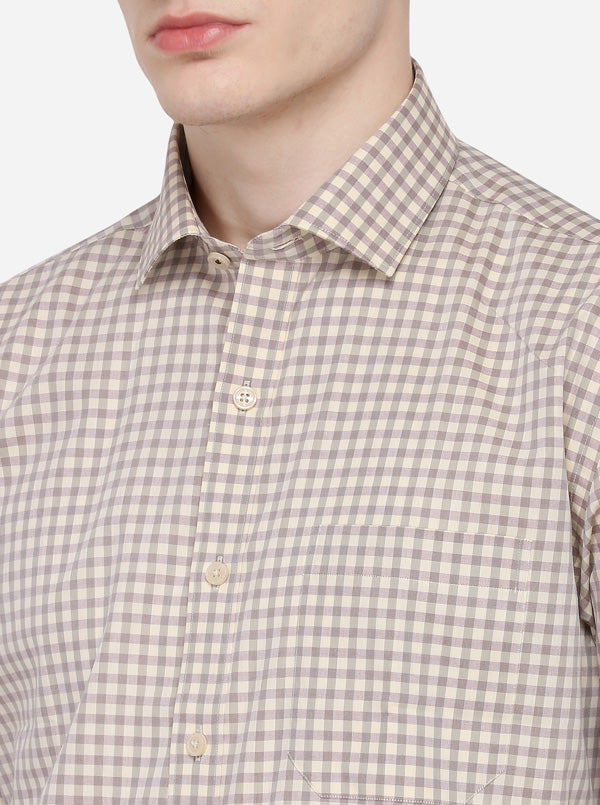 Cream Checked Regular Fit Formal Shirt | JadeBlue