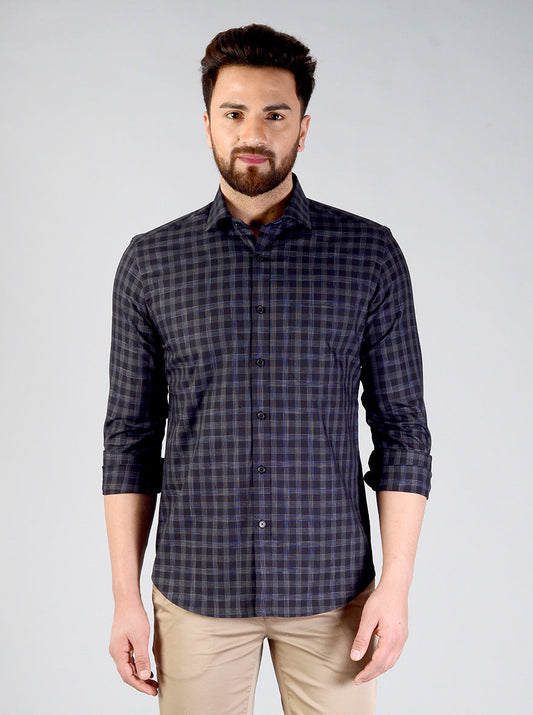 Black & Grey Checked Slim Fit Formal Shirt | JadeBlue