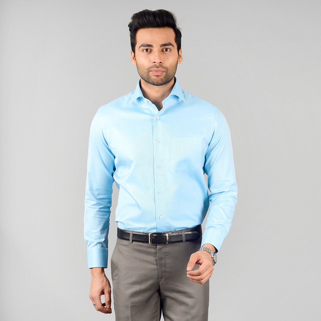 Baby Blue Self Textured Slim Fit Formal Shirt | JadeBlue