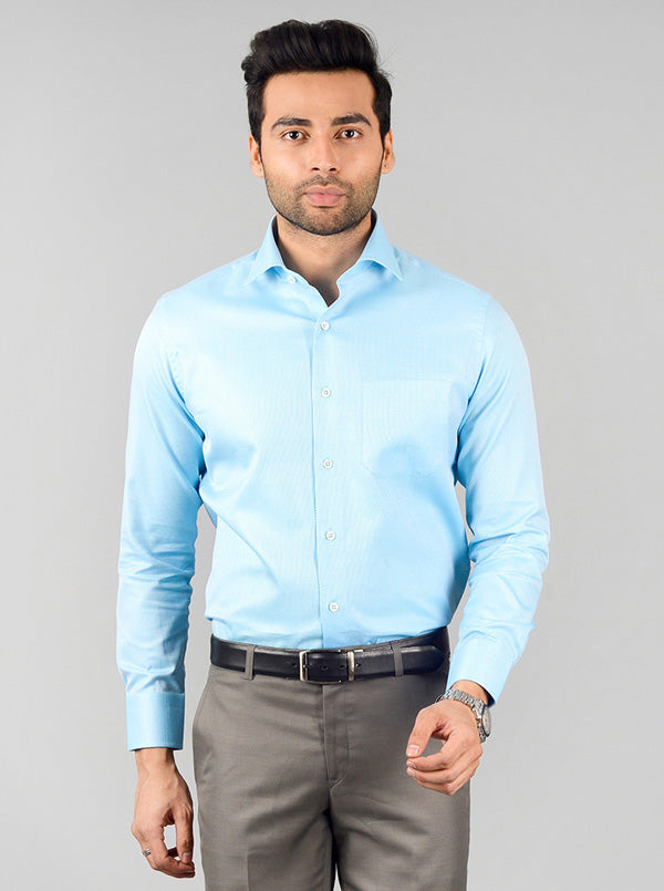 Baby Blue Self Textured Slim Fit Formal Shirt | JadeBlue