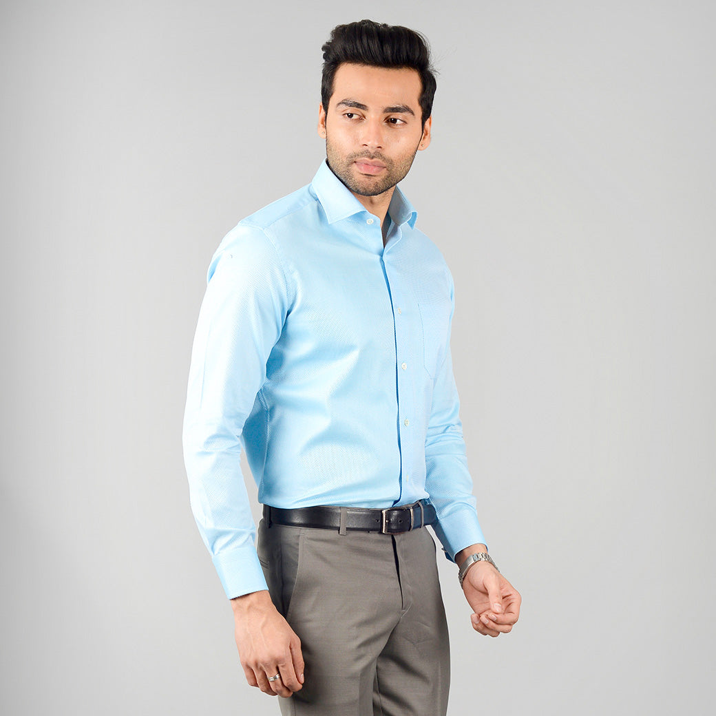 Baby Blue Self Textured Slim Fit Formal Shirt | JadeBlue