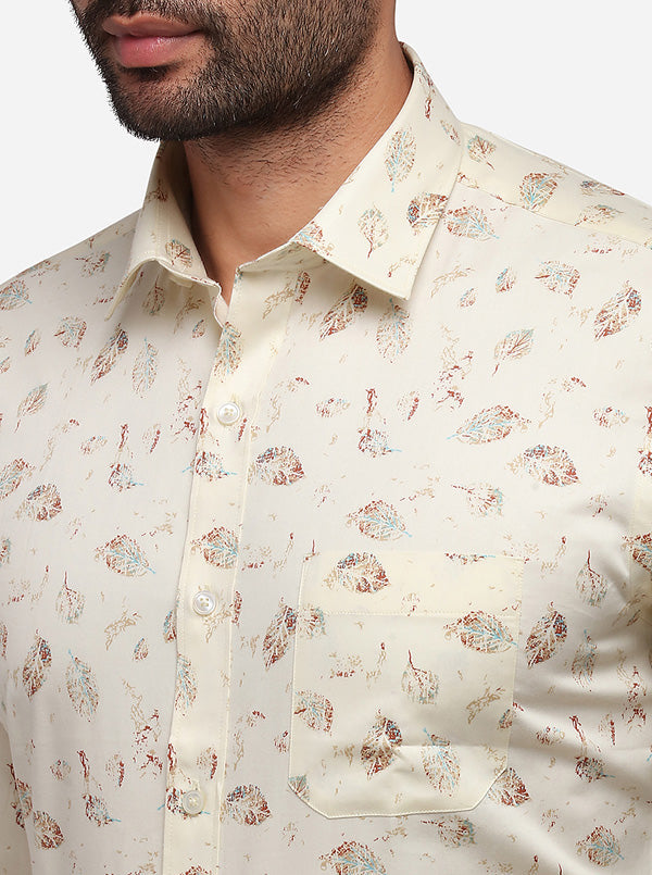 Cream Printed Slim Fit Formal Shirt | Greenfibre