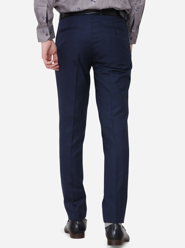 Navy Blue Checked Super Slim Fit Formal Trouser | JadeBlue