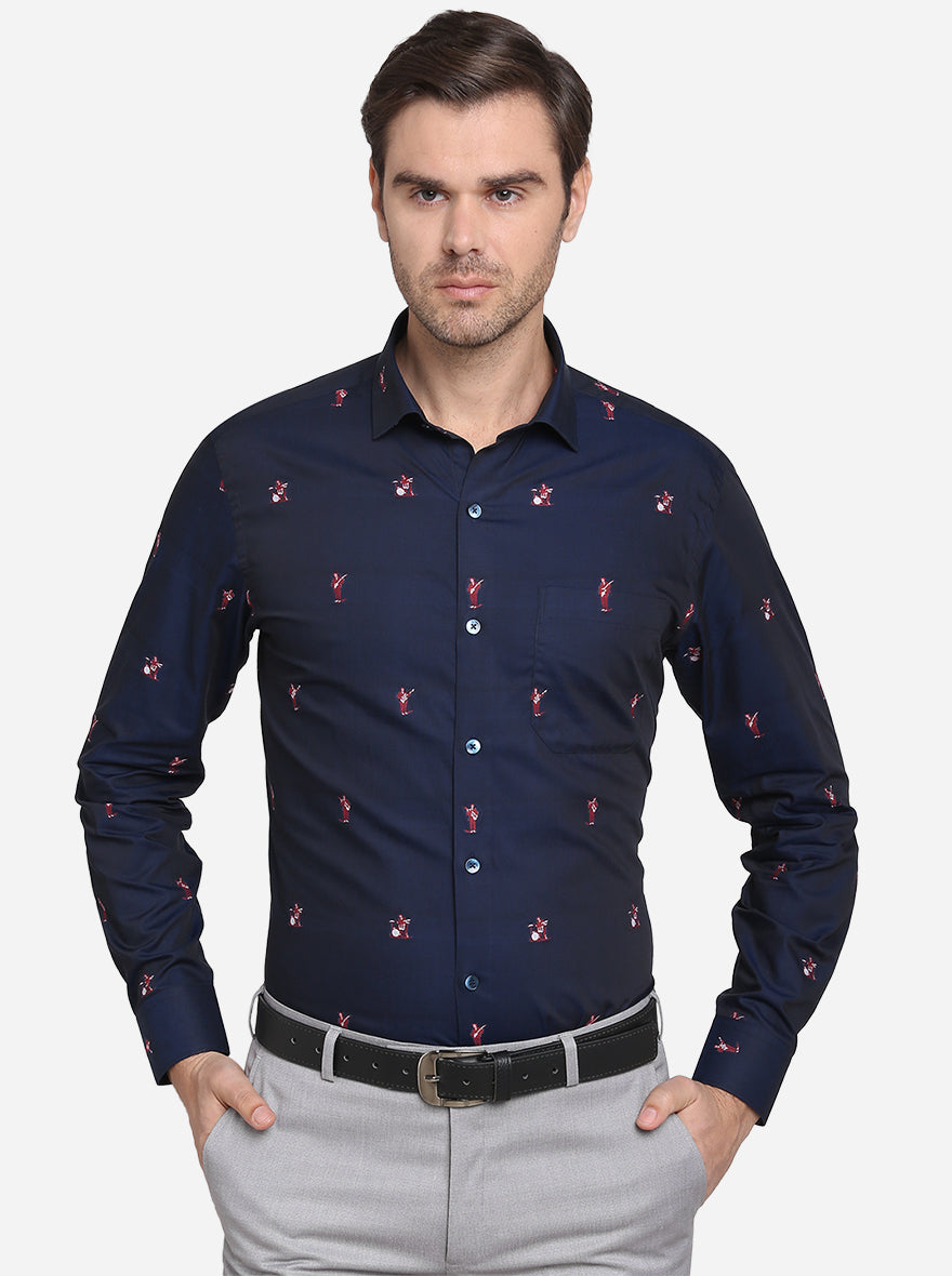 Navy Blue Printed Slim Fit Formal Shirt  | Metal