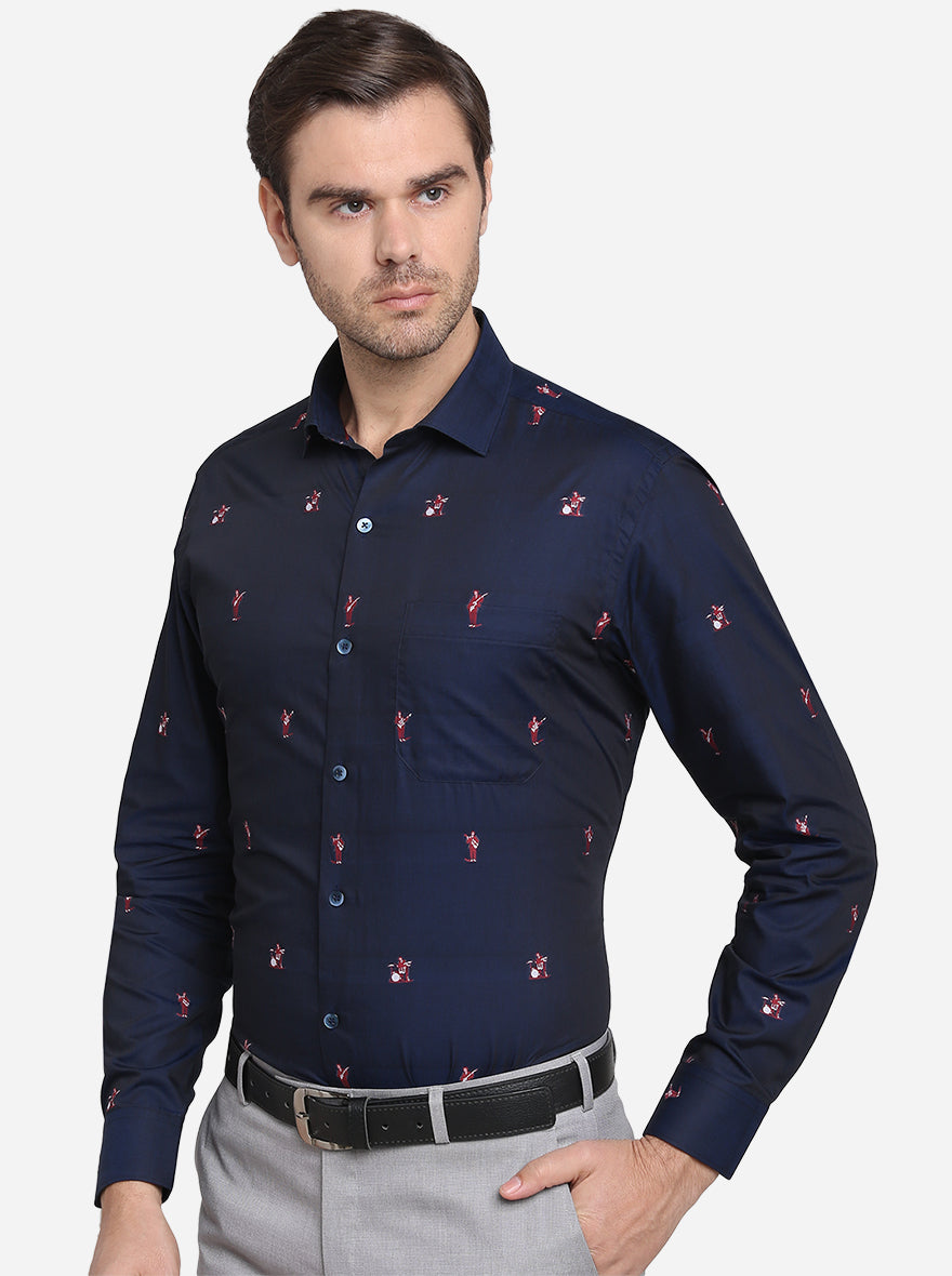 Navy Blue Printed Slim Fit Formal Shirt  | Metal