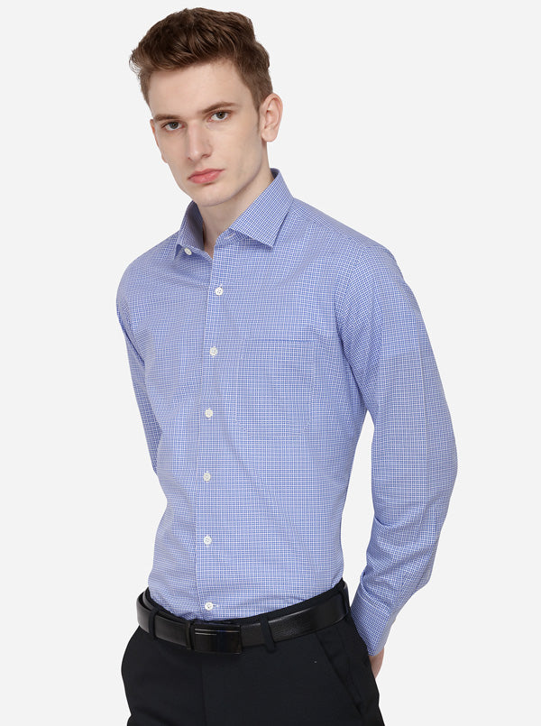 Blue & White Checked Slim Fit Formal Shirt | JadeBlue