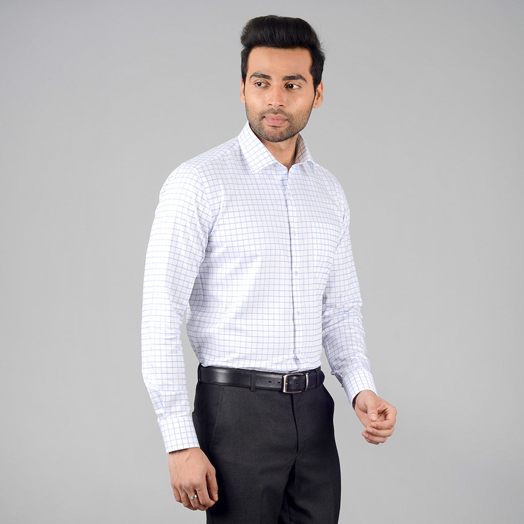 White & Blue Checked Slim Fit Formal Shirt | JadeBlue