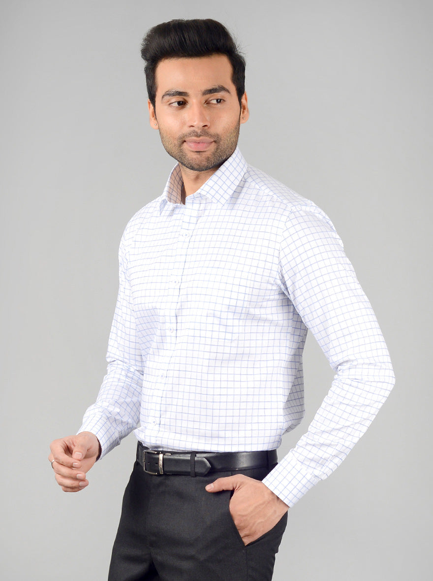 White & Blue Checked Slim Fit Formal Shirt | JadeBlue