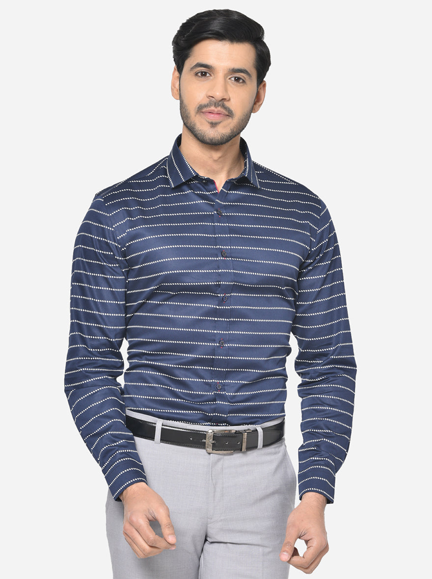 Midnight Blue & White Striped Slim Fit Party Wear Shirt | JB Studio