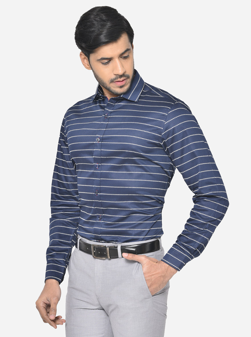 Midnight Blue & White Striped Slim Fit Party Wear Shirt | JB Studio