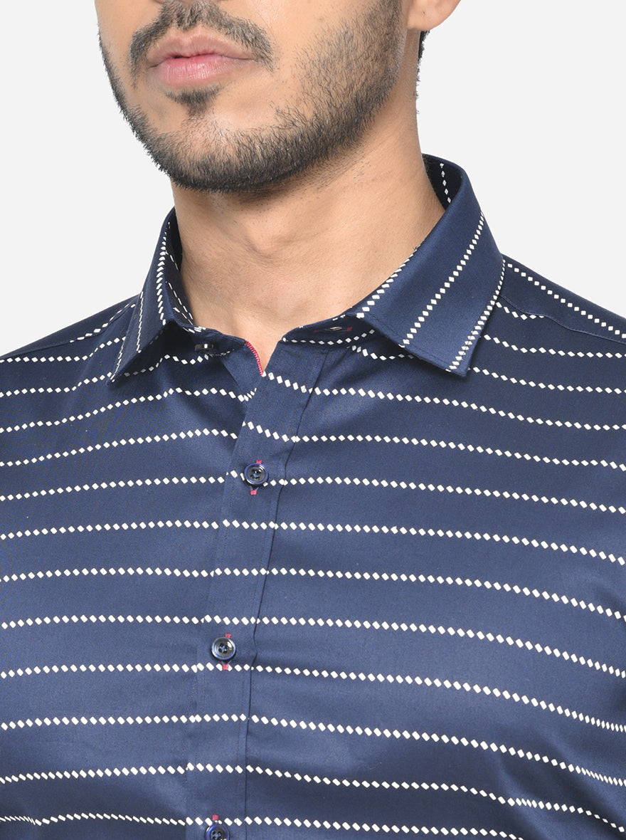 Midnight Blue & White Striped Slim Fit Party Wear Shirt | JB Studio