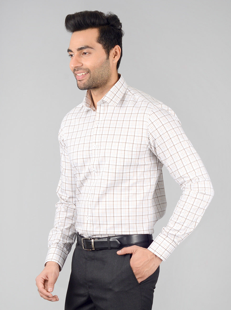 White & Brown Checked Slim Fit Formal Shirt | JadeBlue