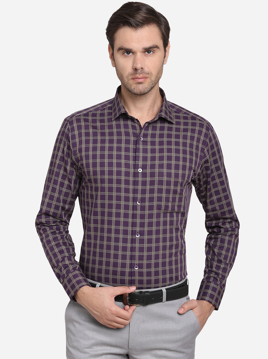 Purple & Cream Checked Slim Fit Formal Shirt | Metal