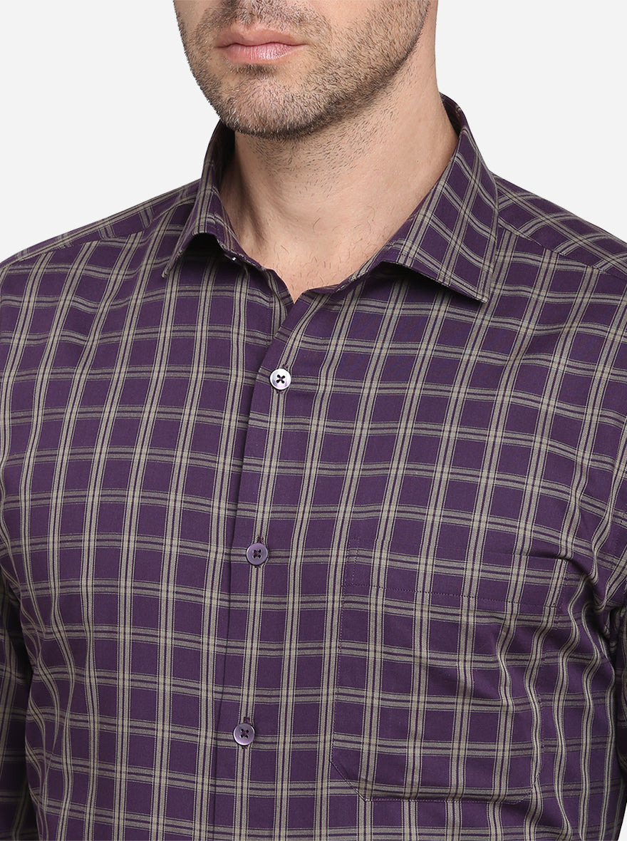 Purple & Cream Checked Slim Fit Formal Shirt | Metal