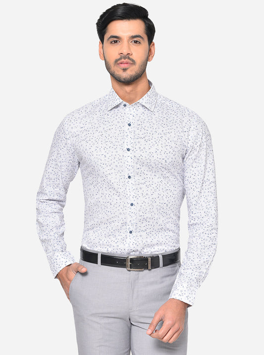 White & Blue Printed Slim Fit Party Wear Shirt | JB Studio