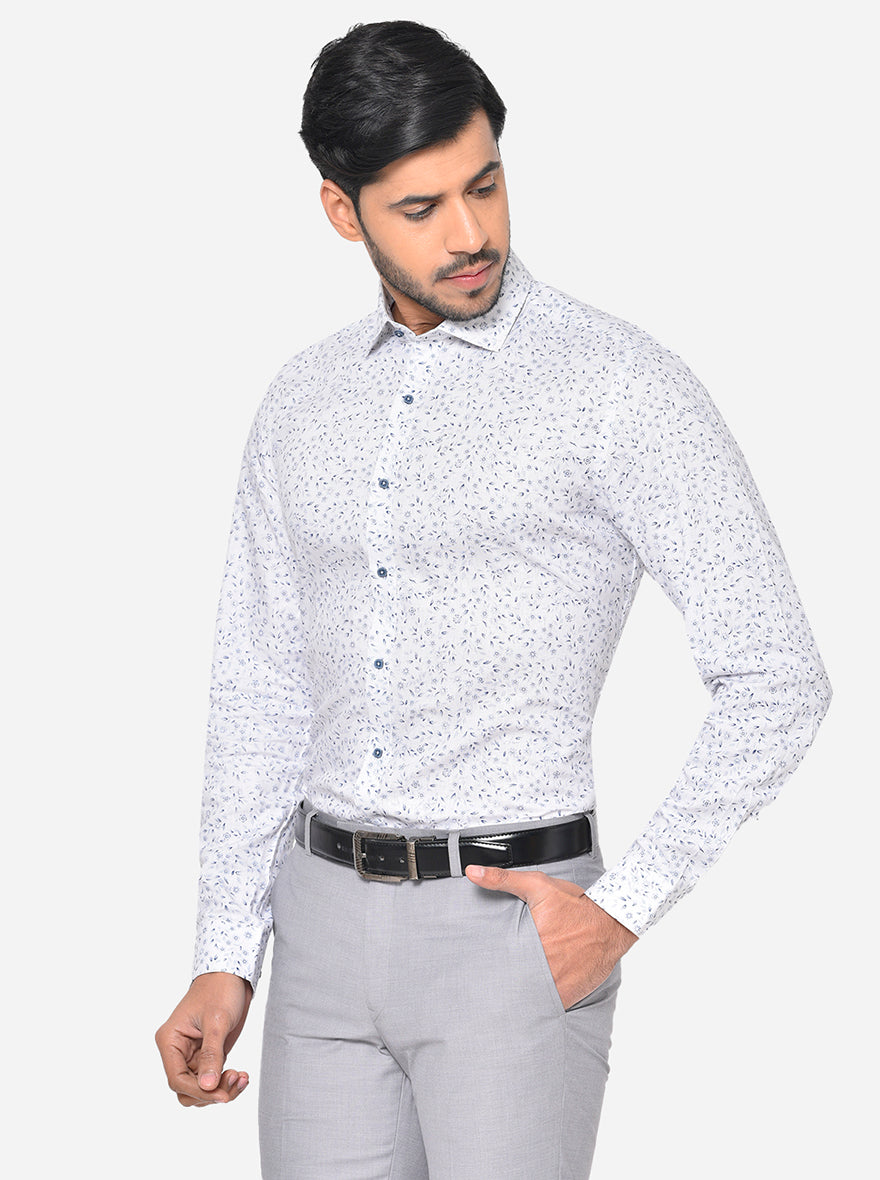 White & Blue Printed Slim Fit Party Wear Shirt | JB Studio