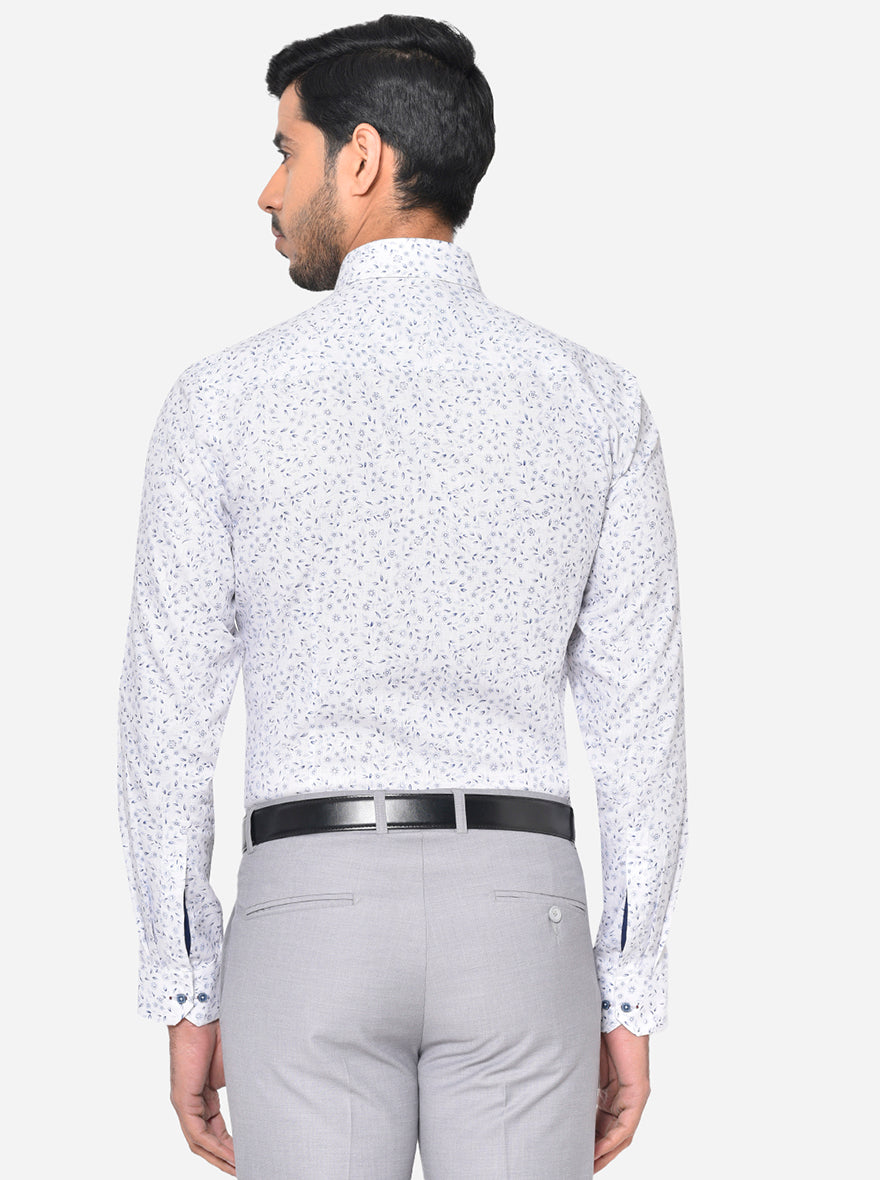 White & Blue Printed Slim Fit Party Wear Shirt | JB Studio