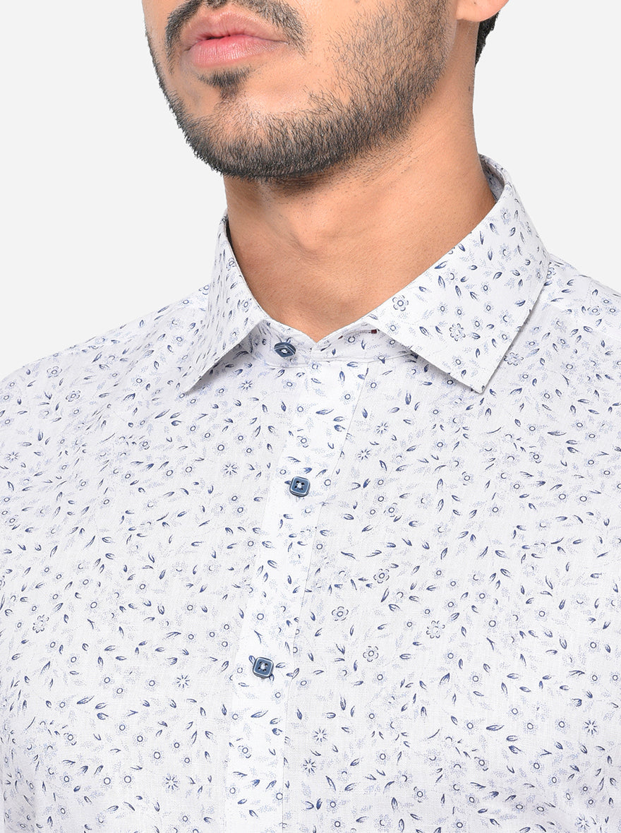 White & Blue Printed Slim Fit Party Wear Shirt | JB Studio