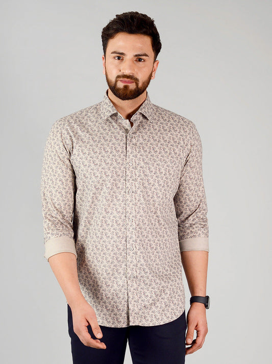 Cement Brown & Blue Printed Slim Fit Formal Shirt | JadeBlue